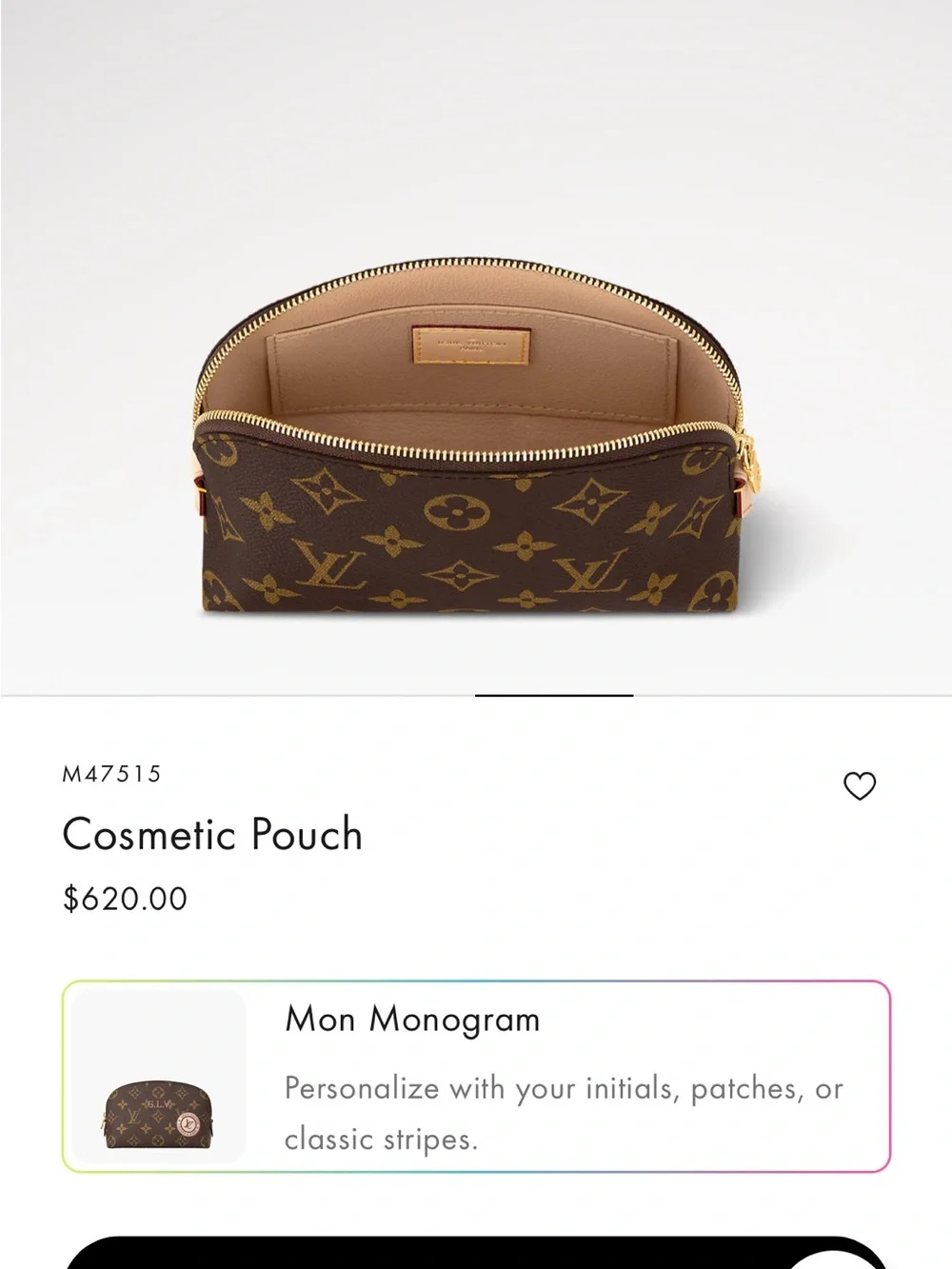 NEW-NEVER USED NWT Louis Vuitton Monogram Canvas Cosmetic Pouch in Brown & Gold